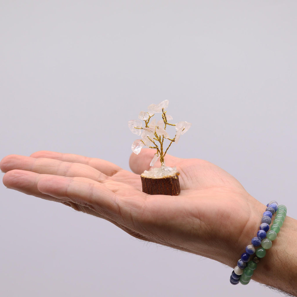 Mini Gemstone Tree on Wood Base with Rock Quartz and 15 Stones