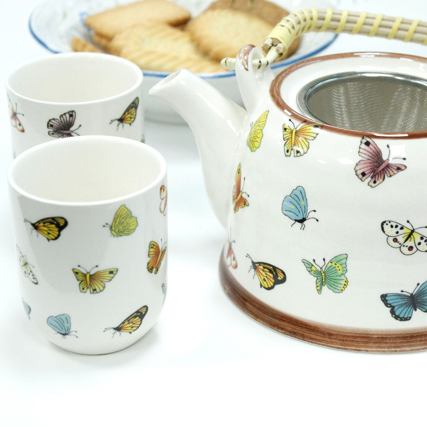 Herbal Teapot Set Butterflies with Six Matching Cups for Tea Lovers