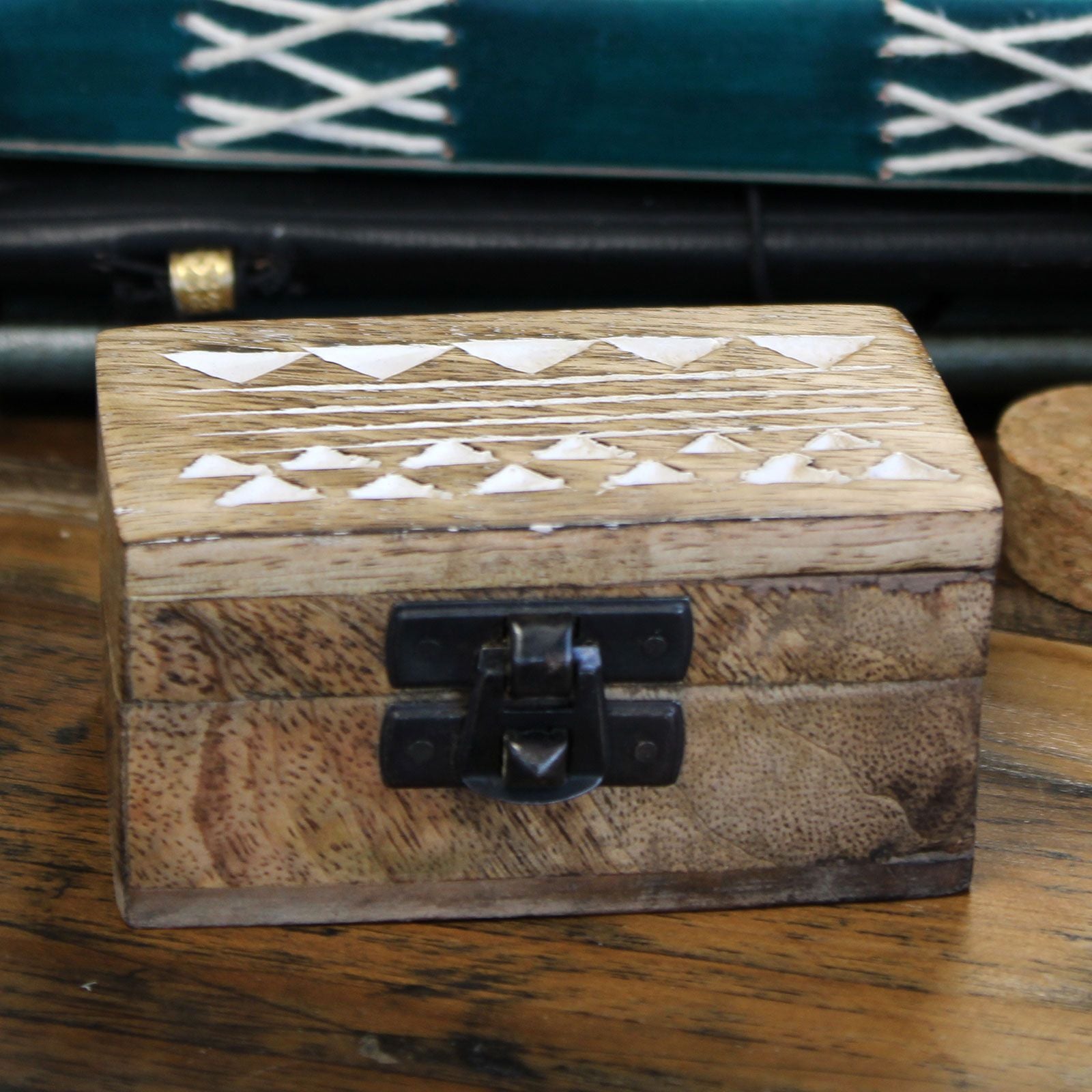 White Washed Wooden Box with Aztec Design for Stylish Storage