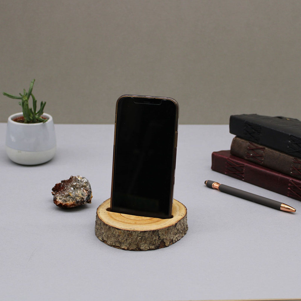 Small Log Phone Holder for Hands Free Use in Natural Wood Style