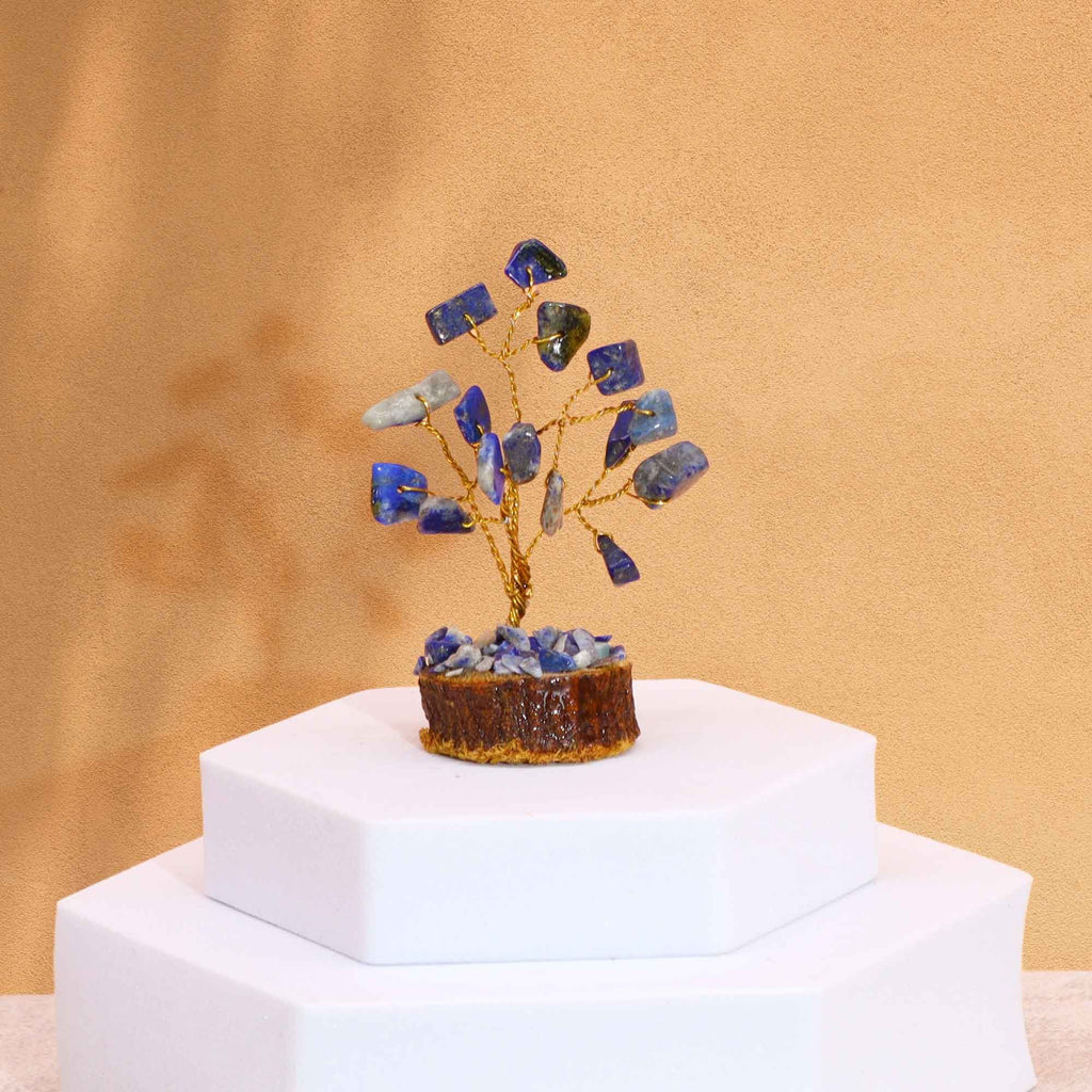 Mini Gemstone Tree on Wood Base with 15 Sodalite Stones Display