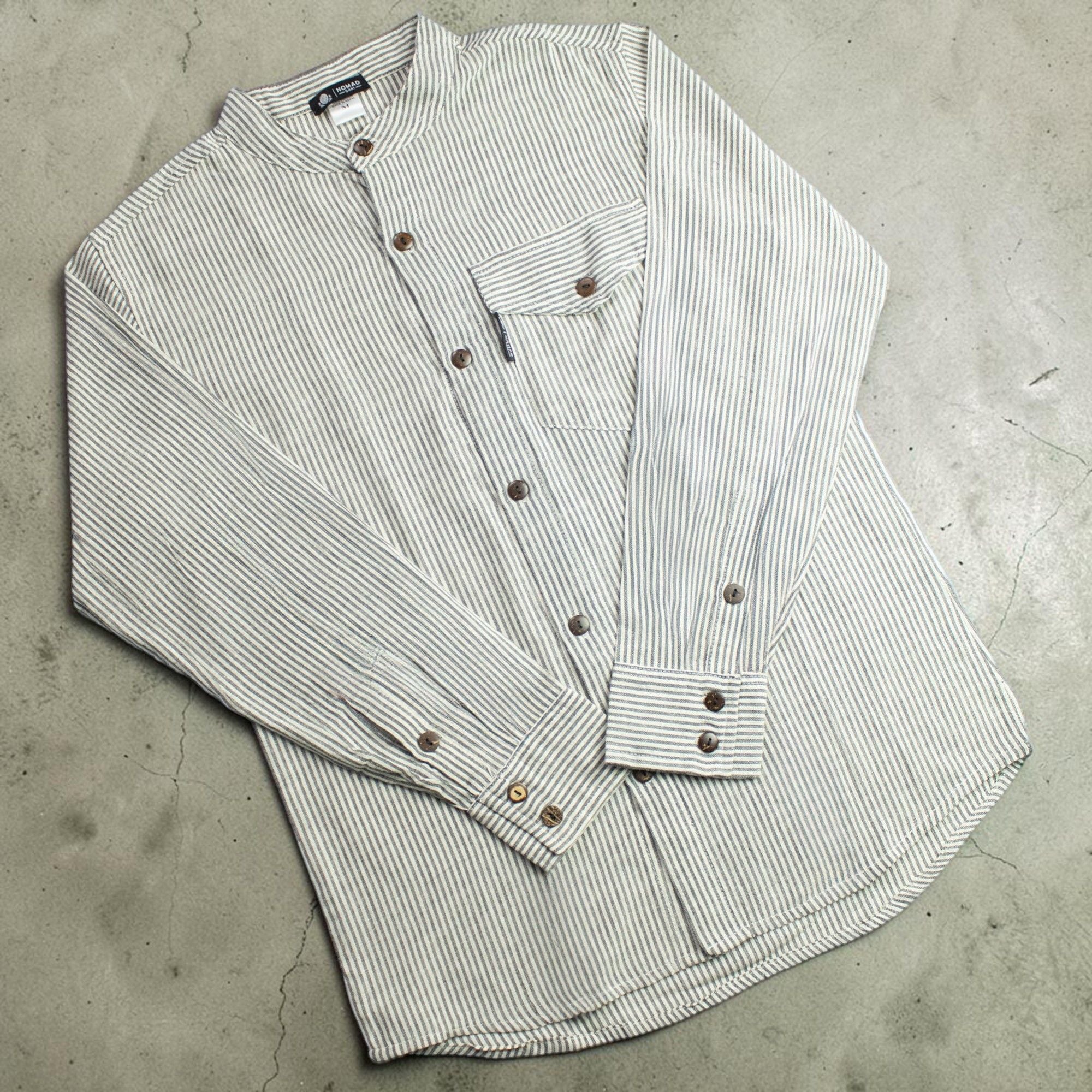 Nomad Sari Grandad Shirt in Grey Stone with Vertical Stripes