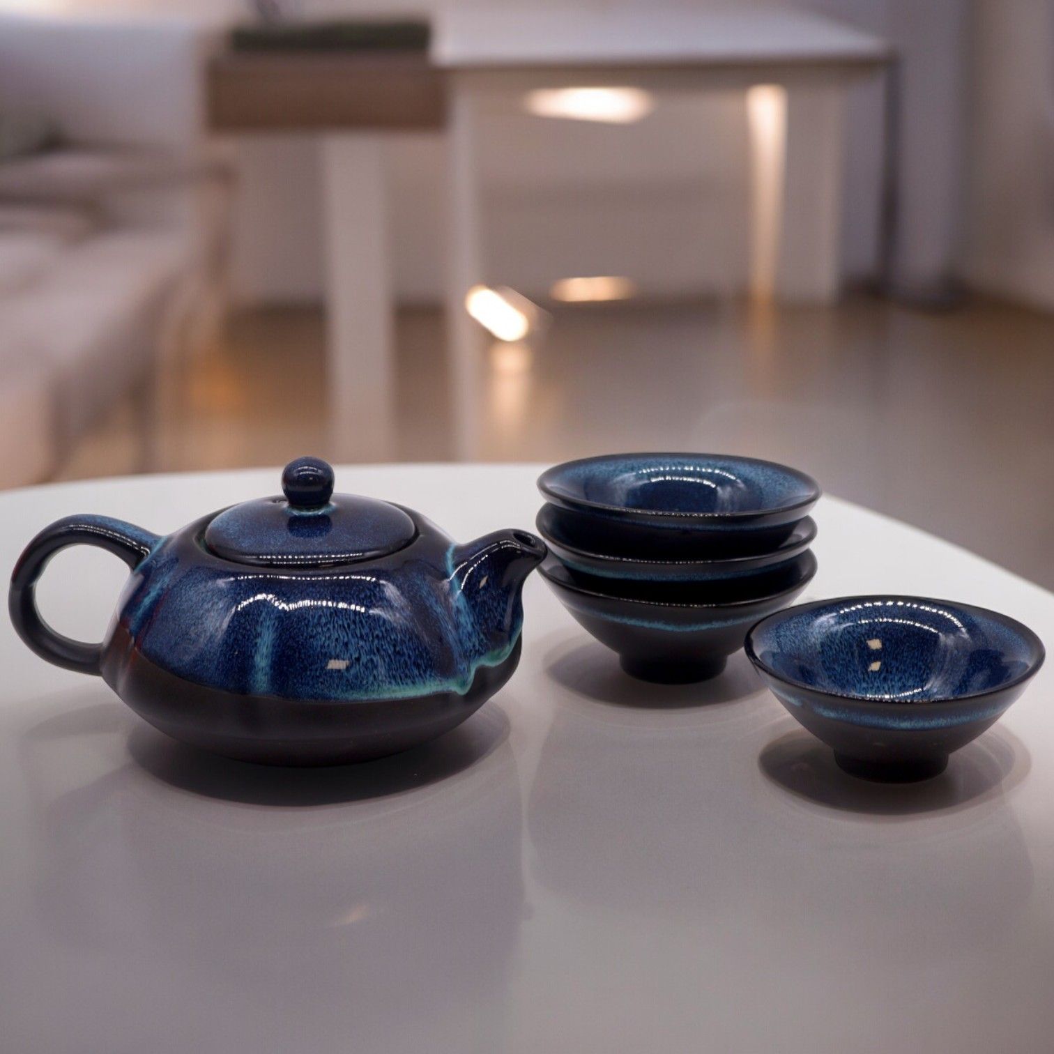 Herbal Blues Teapot Set with Beautiful Pot and Four Matching Cups