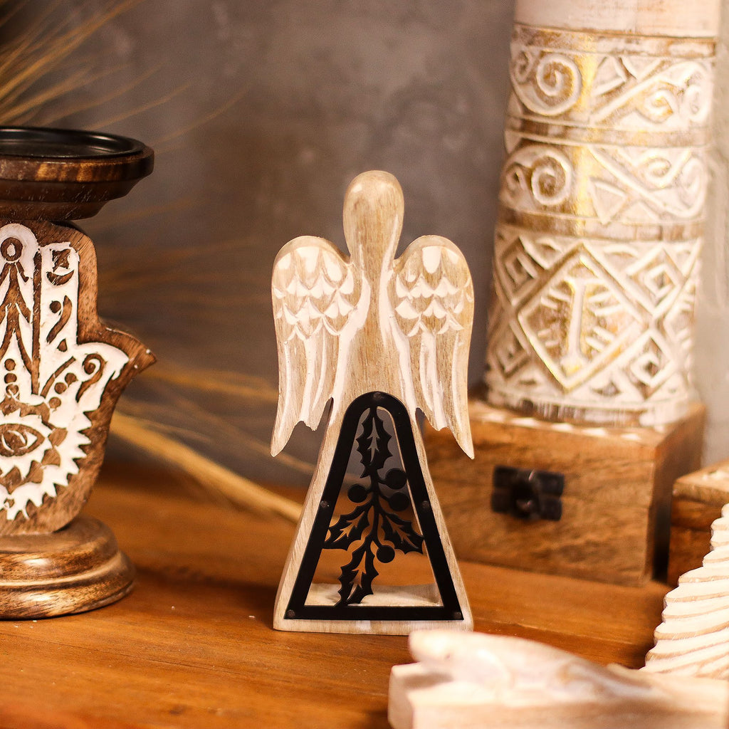 Mango Wood Angel with Iron Decor Cut Out in Whitewash Finish