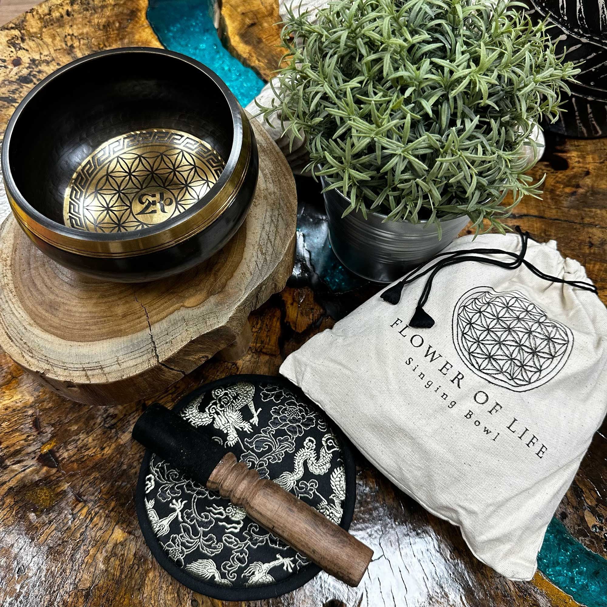 Hand Beaten Engraved Singing Bowl Gift Set with Flower of Life Design