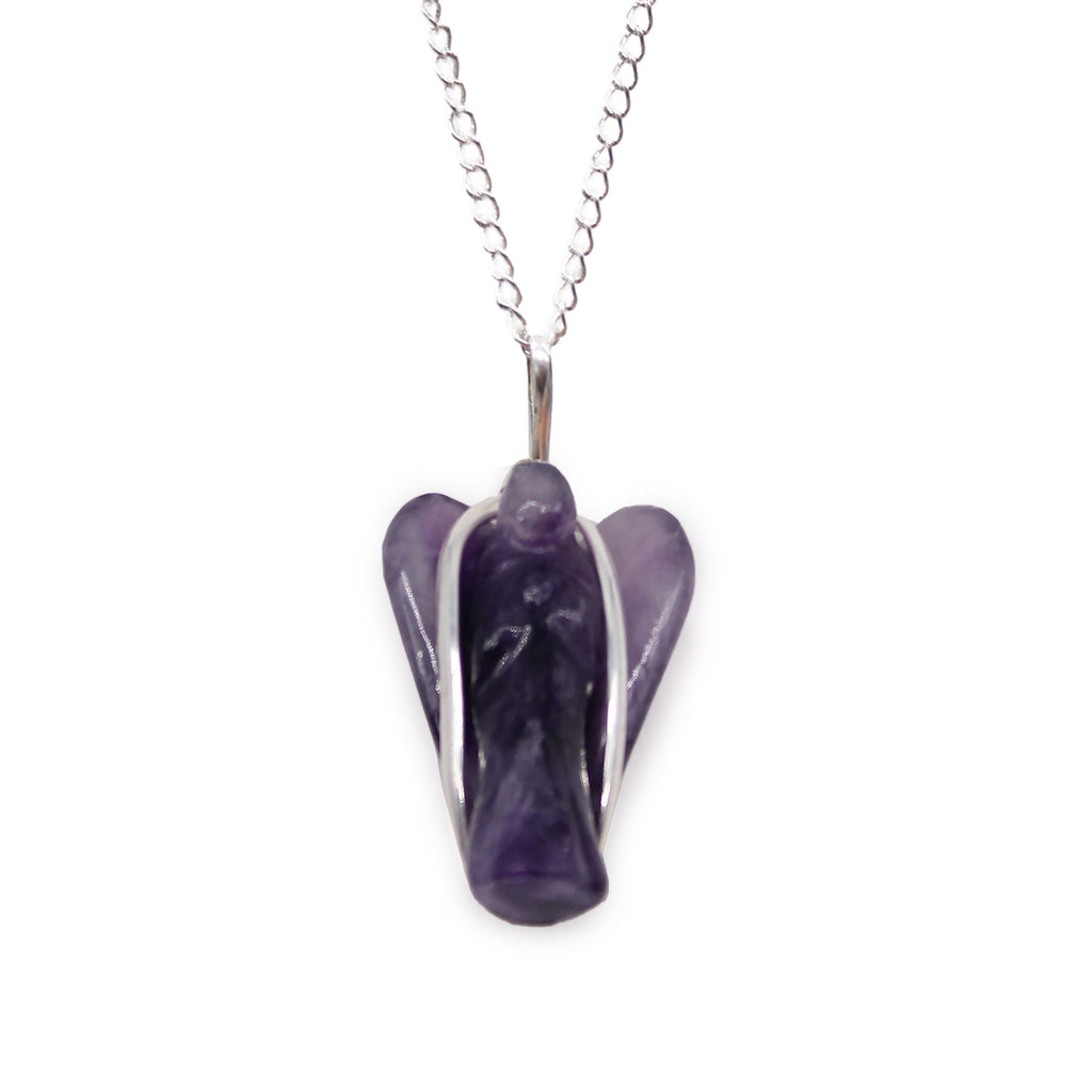 Gemstone Guardian Angel Pendant with Amethyst and Silver Chain