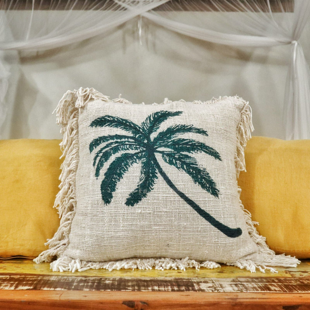 Linen Cushion Cover 45x45cm with Palm Tree and Fringe Design