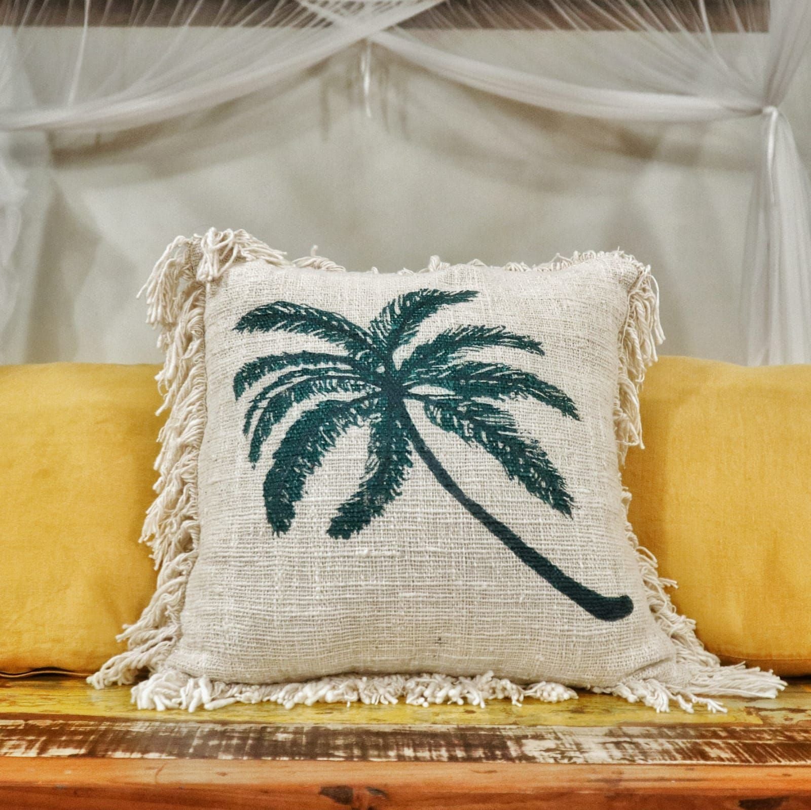 Linen Cushion Cover 45x45cm with Palm Tree and Fringe Design