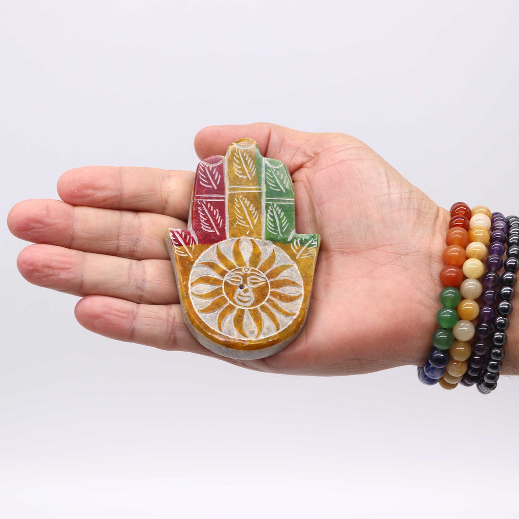Soapstone Hamsa Incense Holder with Sun Face Design for Decor