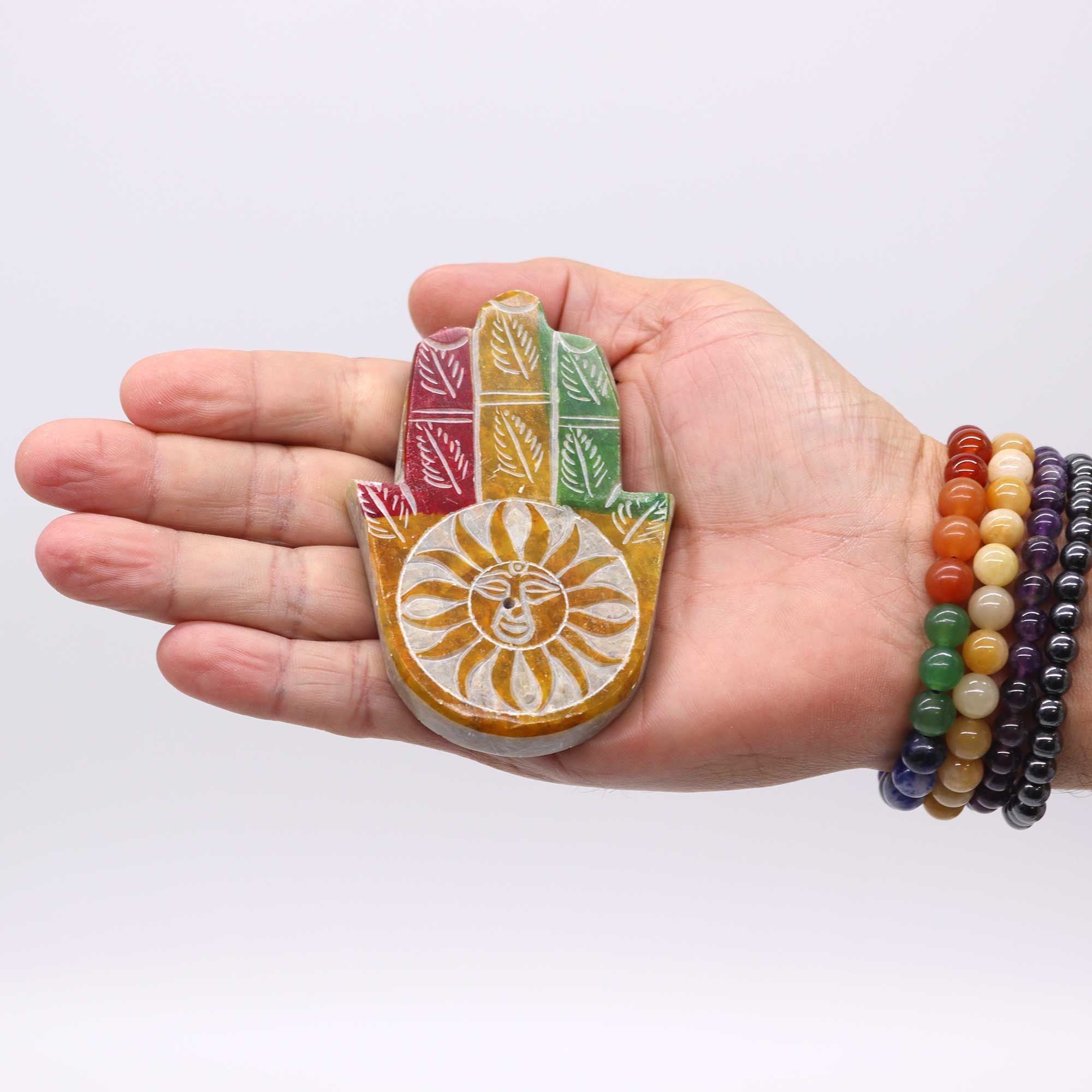 Soapstone Hamsa Incense Holder with Sun Face Design for Decor