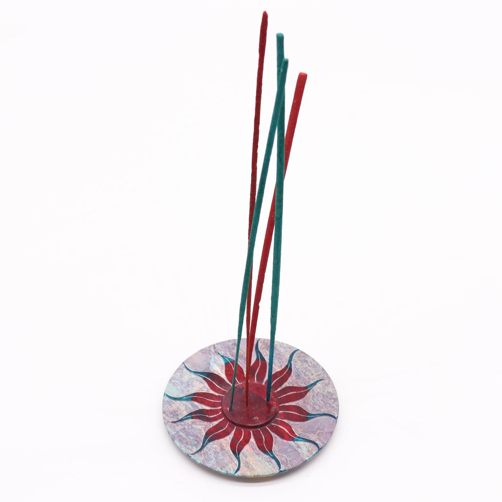 Soapstone Disc Incense Holder with Sun Flower Design for 5 Sticks
