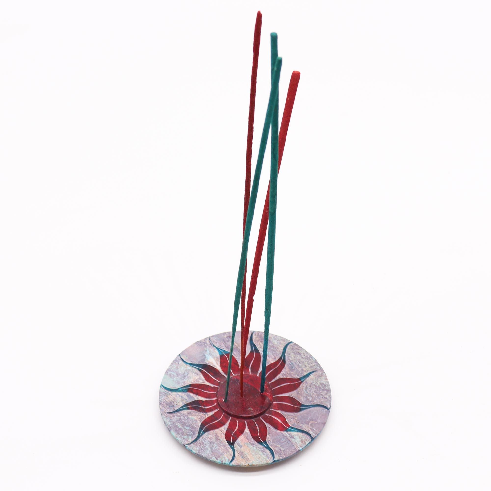 Soapstone Disc Incense Holder with Sun Flower Design for 5 Sticks