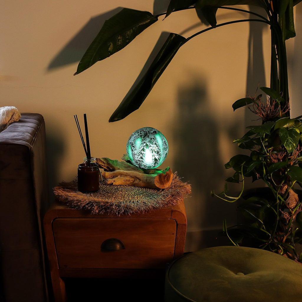 DriftGlow Lamp with Unique Emerald Crackle Shade Design
