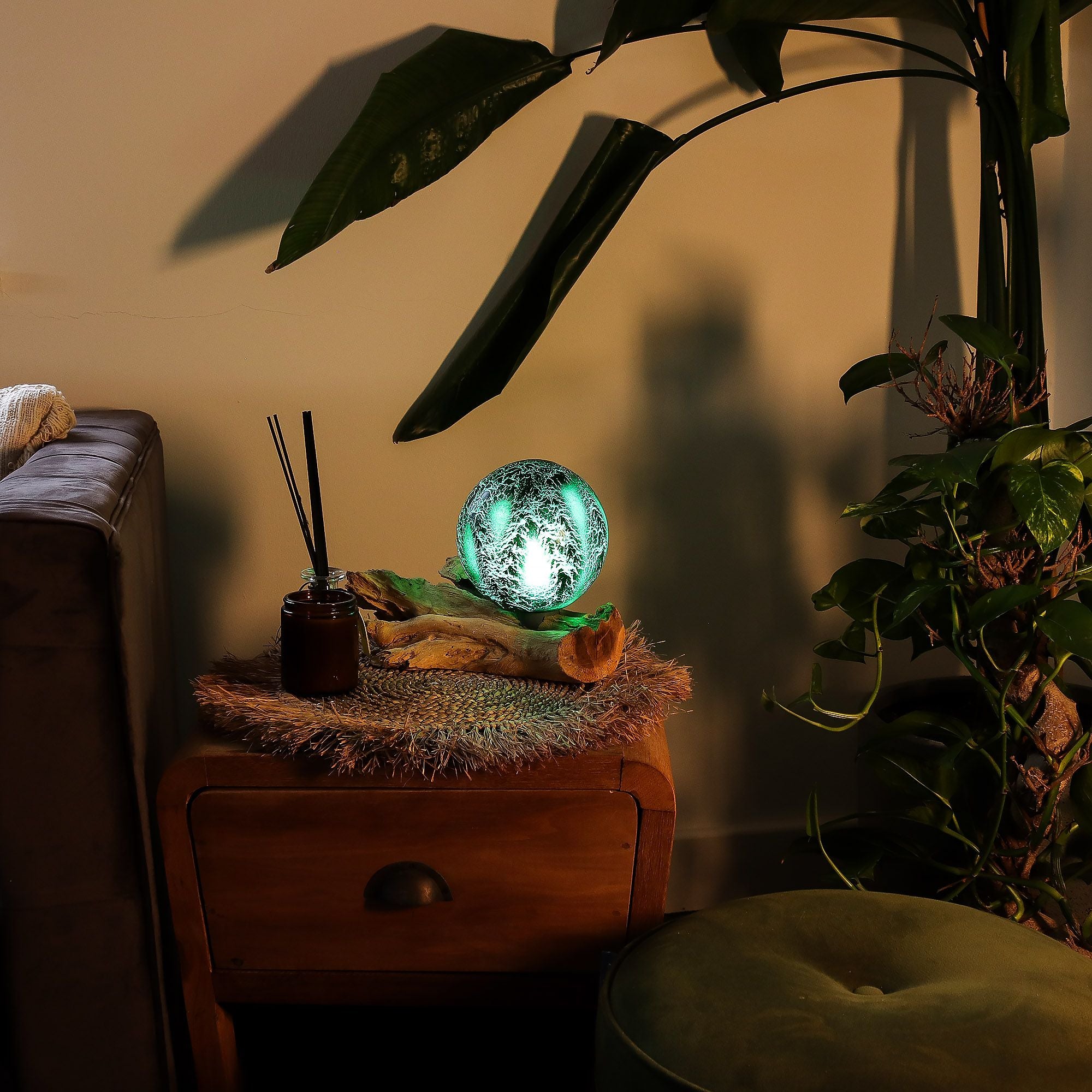 DriftGlow Lamp with Unique Emerald Crackle Shade Design