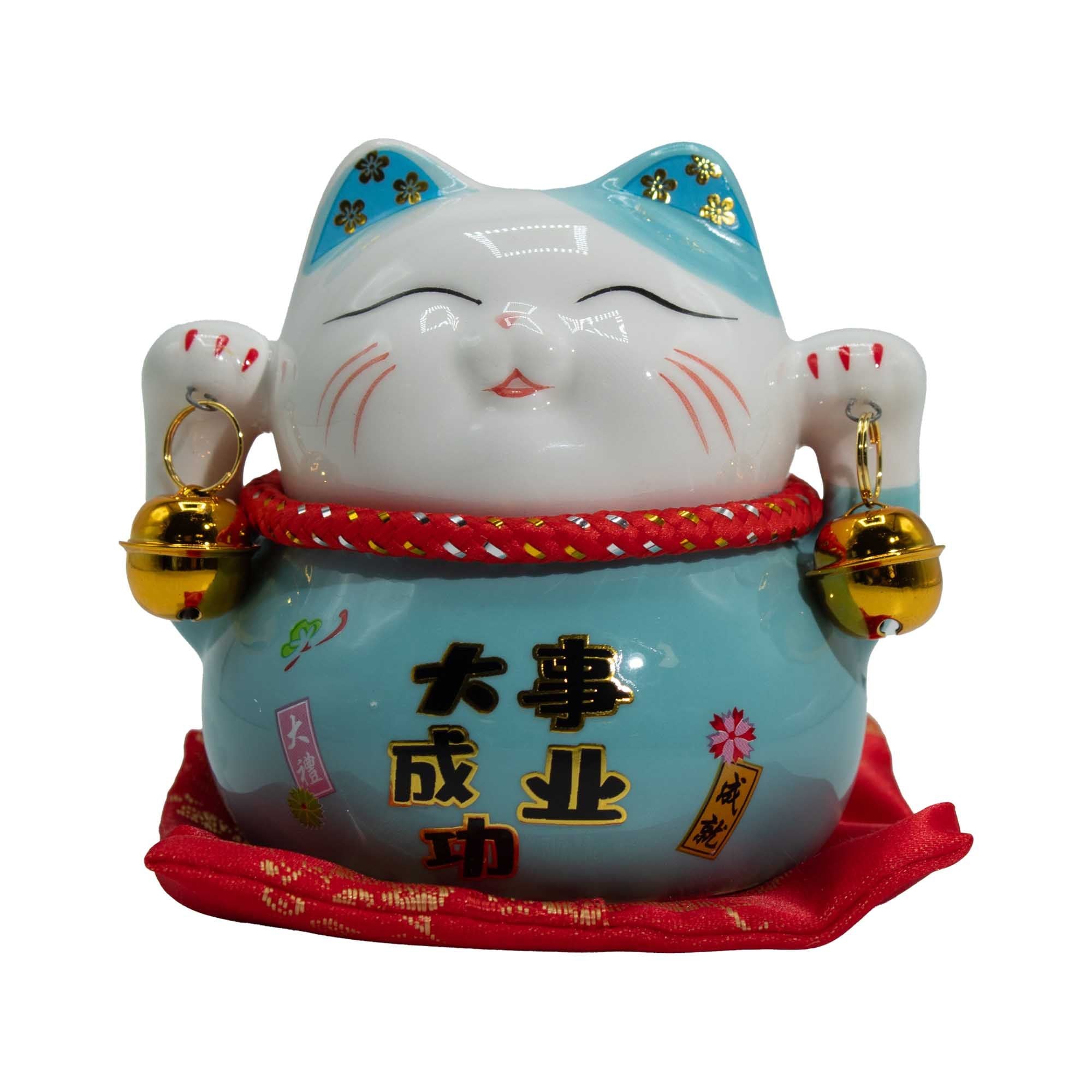 Ceramic Money Cat Bank in Blue on Cushion for Home Decor Accent