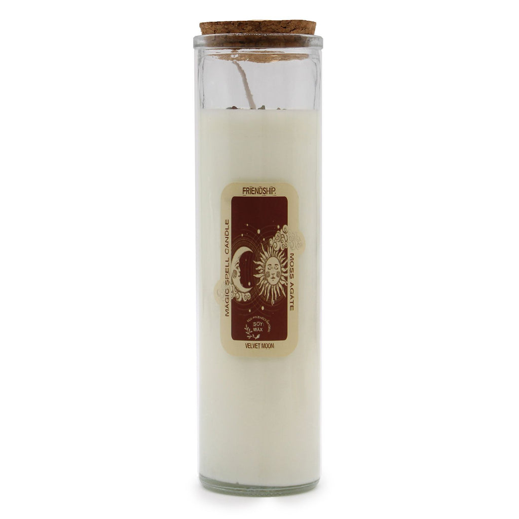 Magic Spell Candle Friendship with Moss Agate and Velvet Moon
