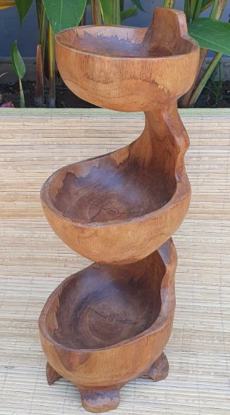 Teak Three Bowl Standing Display for Unique Home Decor Accent