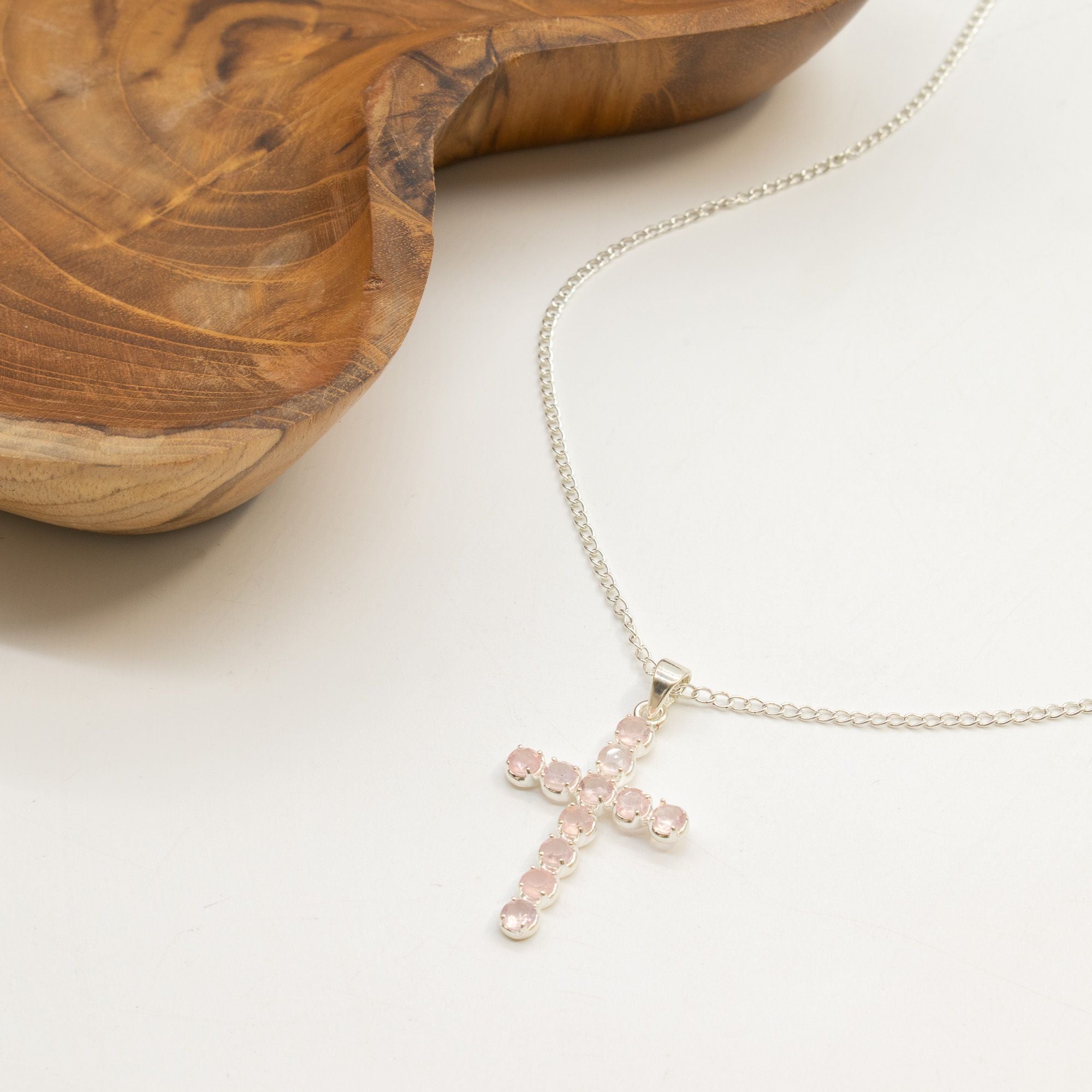 Indian Devotional Pendant with Silver Plated Rose Quartz Crucifix