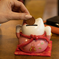 Japanese Lucky Cat Ceramic Money Box on Cushion – Pink