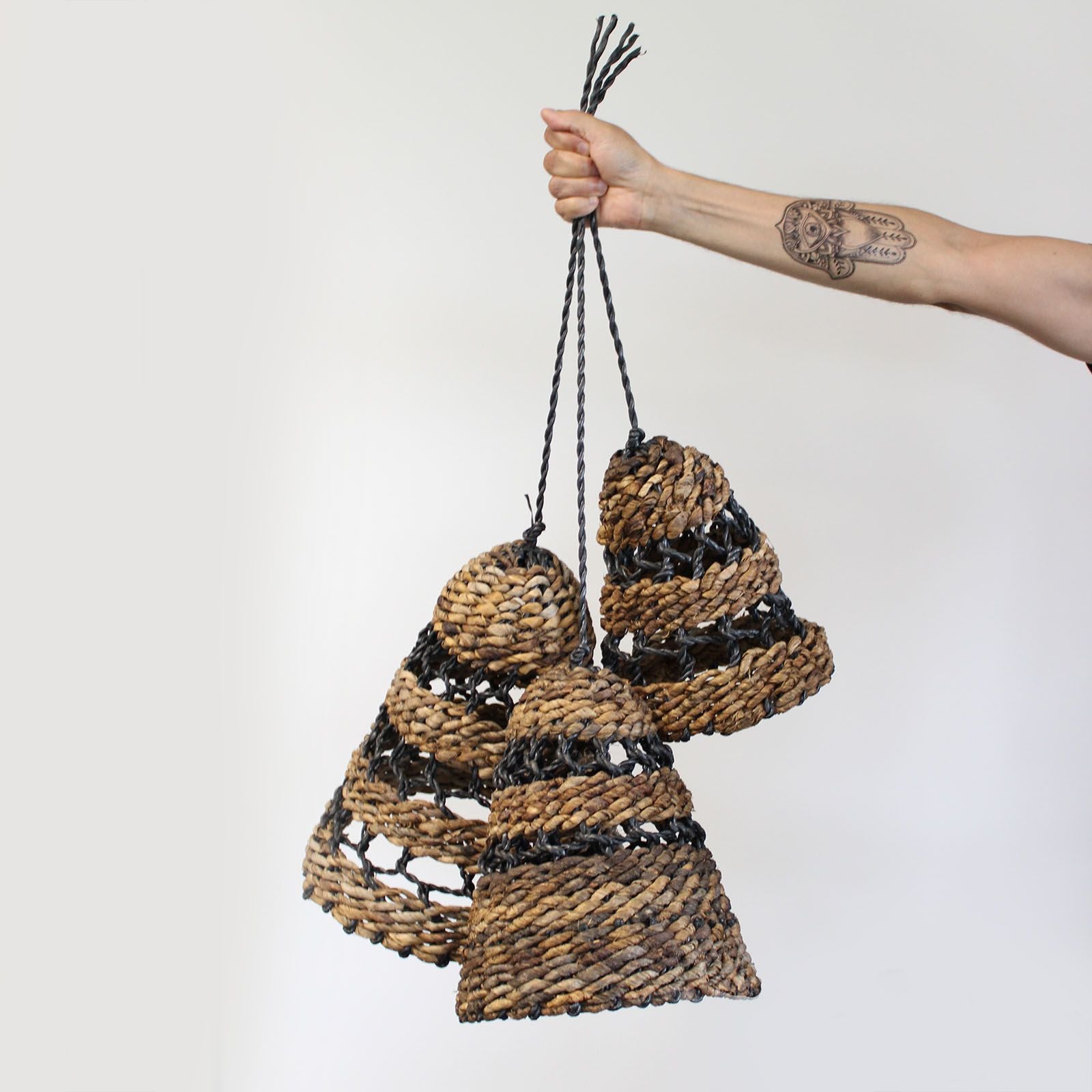 Set of 3 Natural Banana Leaf and Hitam Raffia Lamp Shades