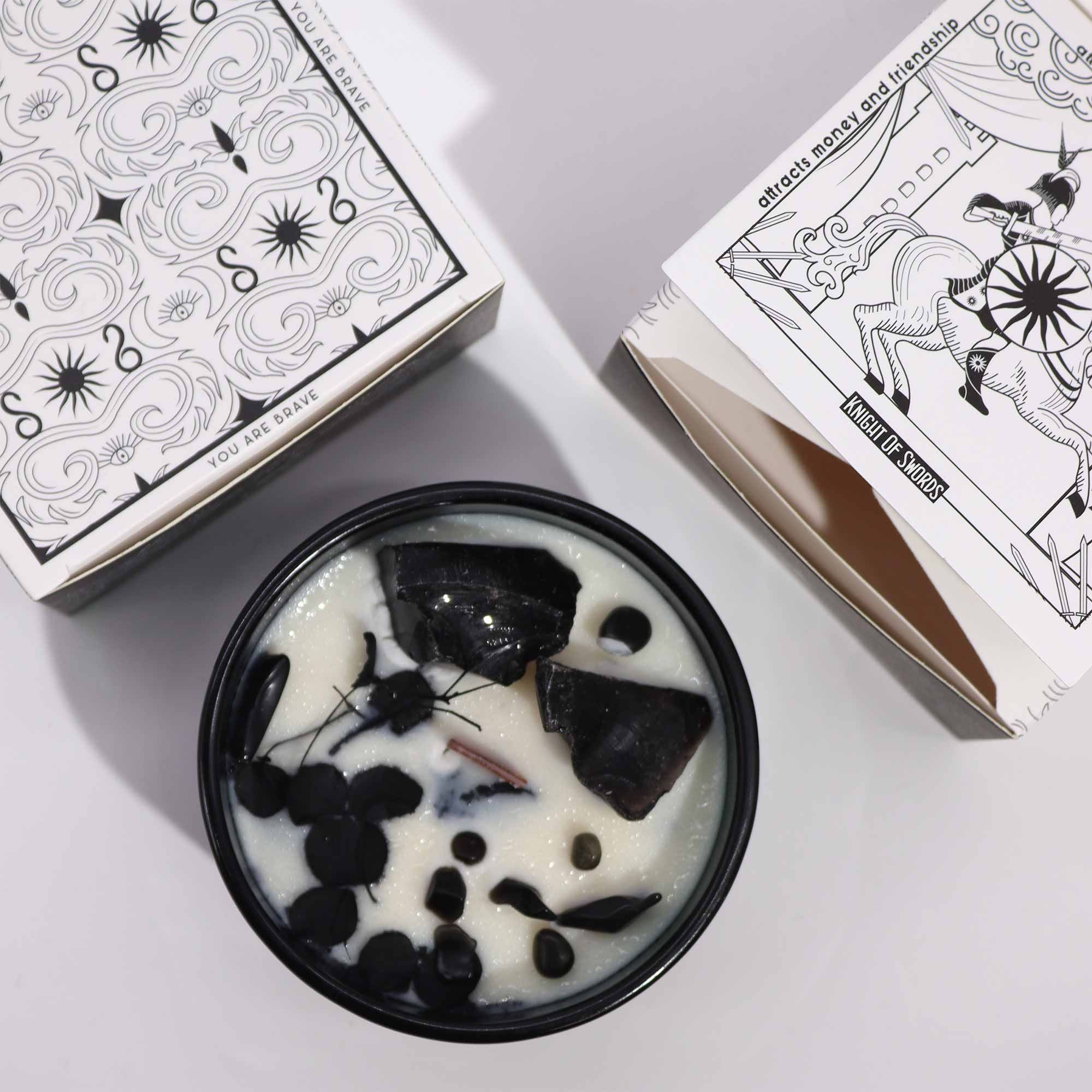 Crystal Magic Flower Candle Knight of Swords with Black Obsidian