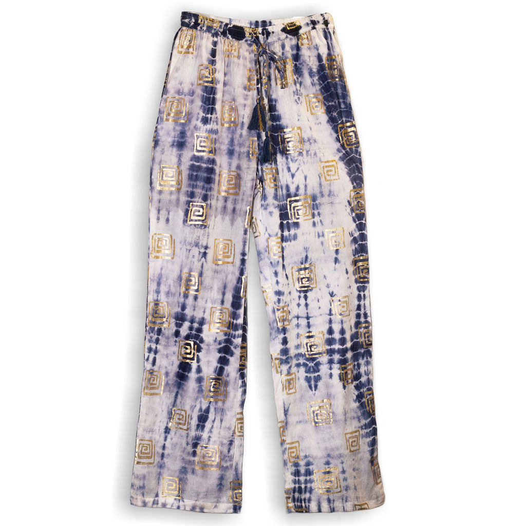 Nomad Sari Lounge Pants L/XL in Blue Tie Dye with Gold Motif
