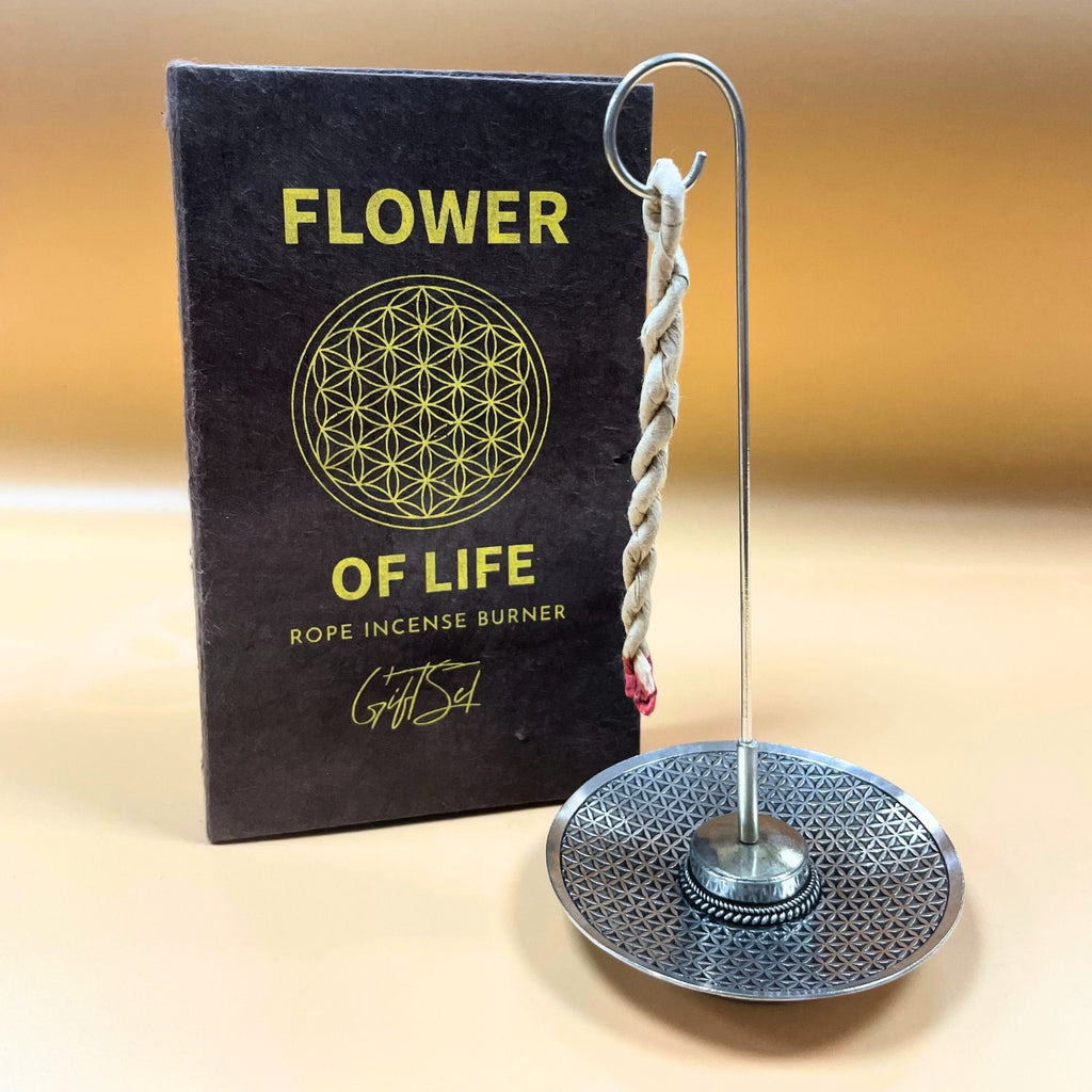 Rope Incense and Silver Plated Holder Set with Flower of Life Design