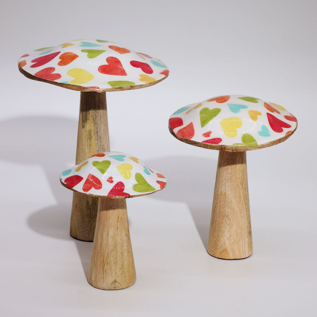 Medium Enamelled Mushroom Ornament with Pastel Hearts Design
