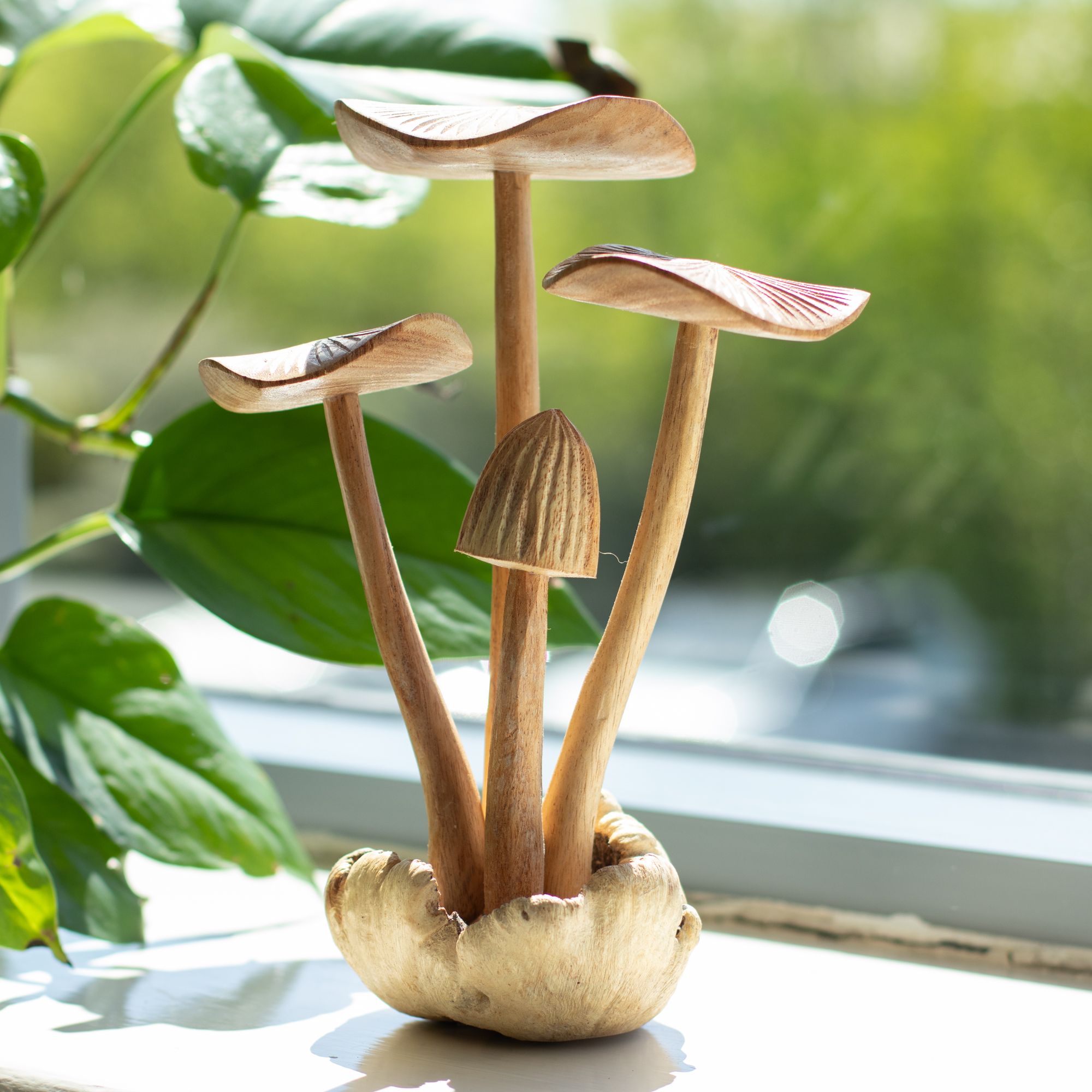 Handmade Parasite Wood Art Carving Set of 4 Large Mushrooms