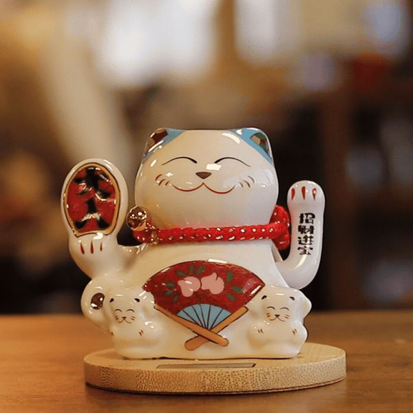 Solar Powered Japanese Lucky Cat on Wooden Base – Blue