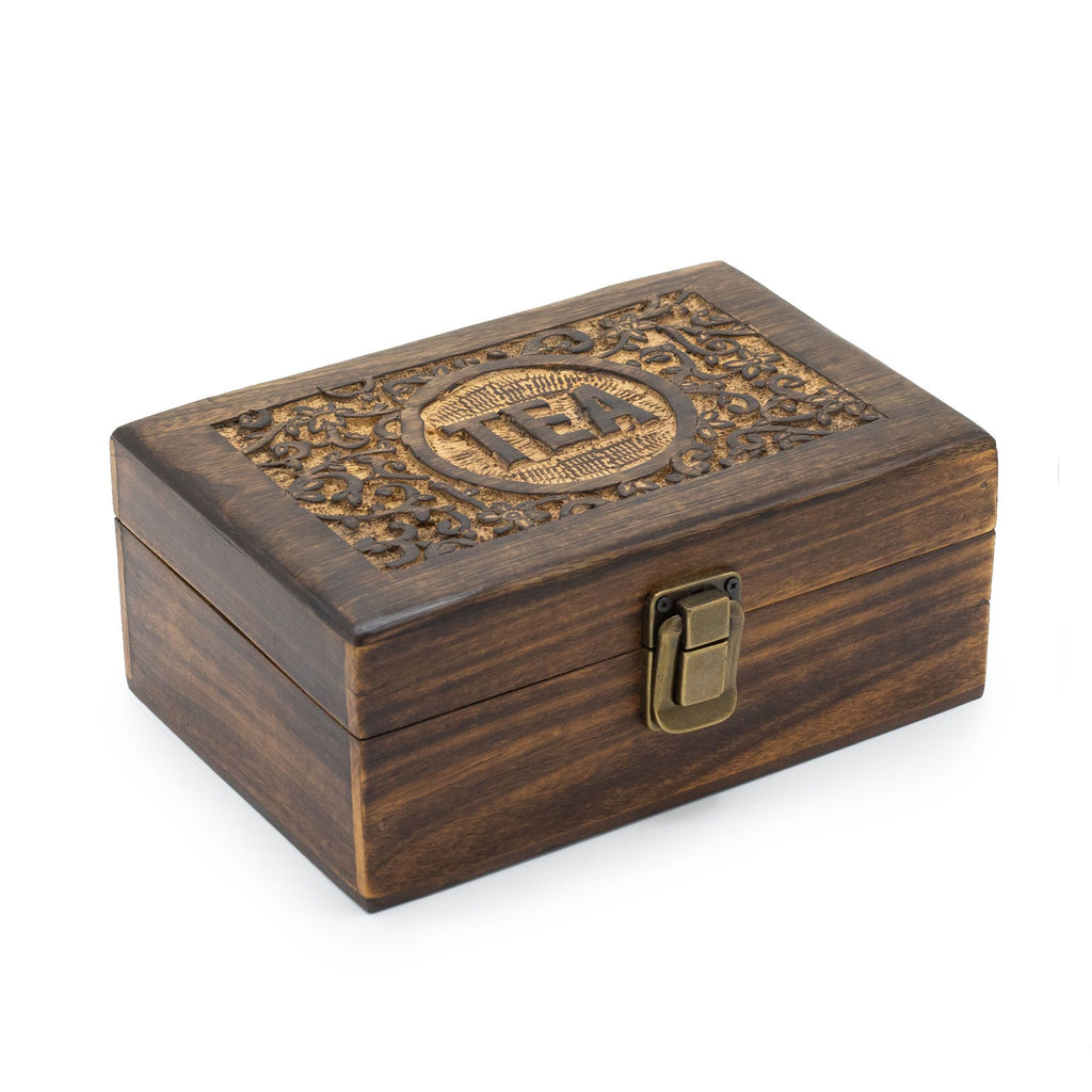 Mango Carved Tea Box with 6 Compartments for Stylish Storage