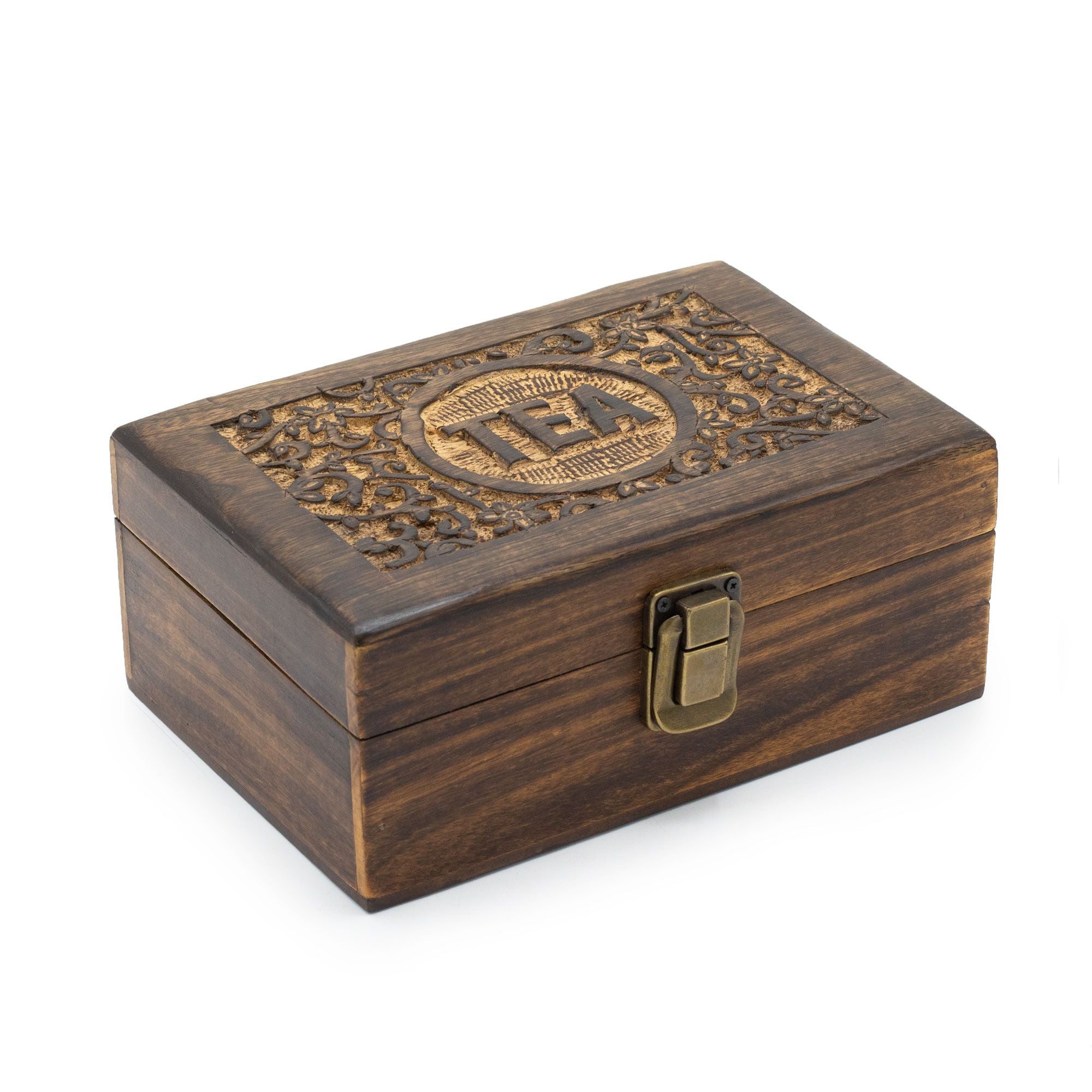 Mango Carved Tea Box with 6 Compartments for Stylish Storage