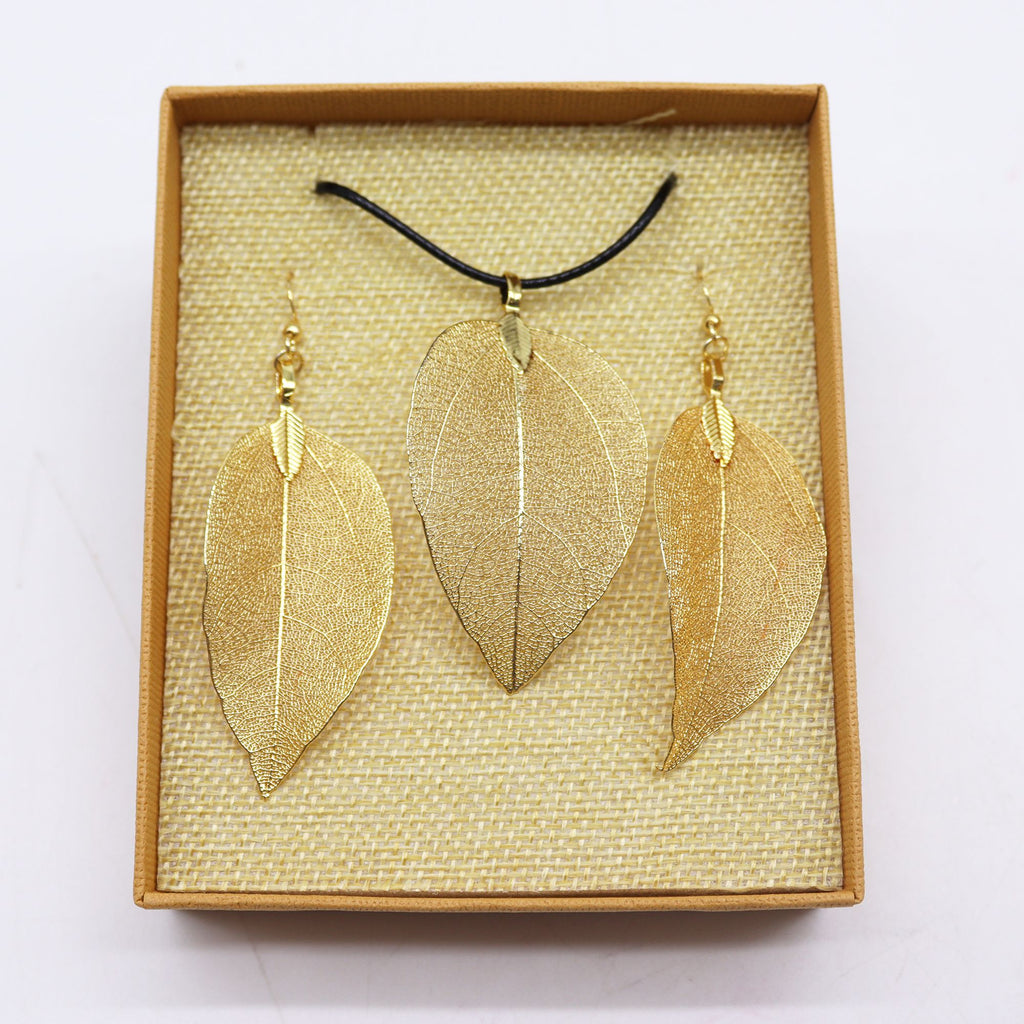 Unique Gold Leaf Necklace and Earring Set for Nature Lovers