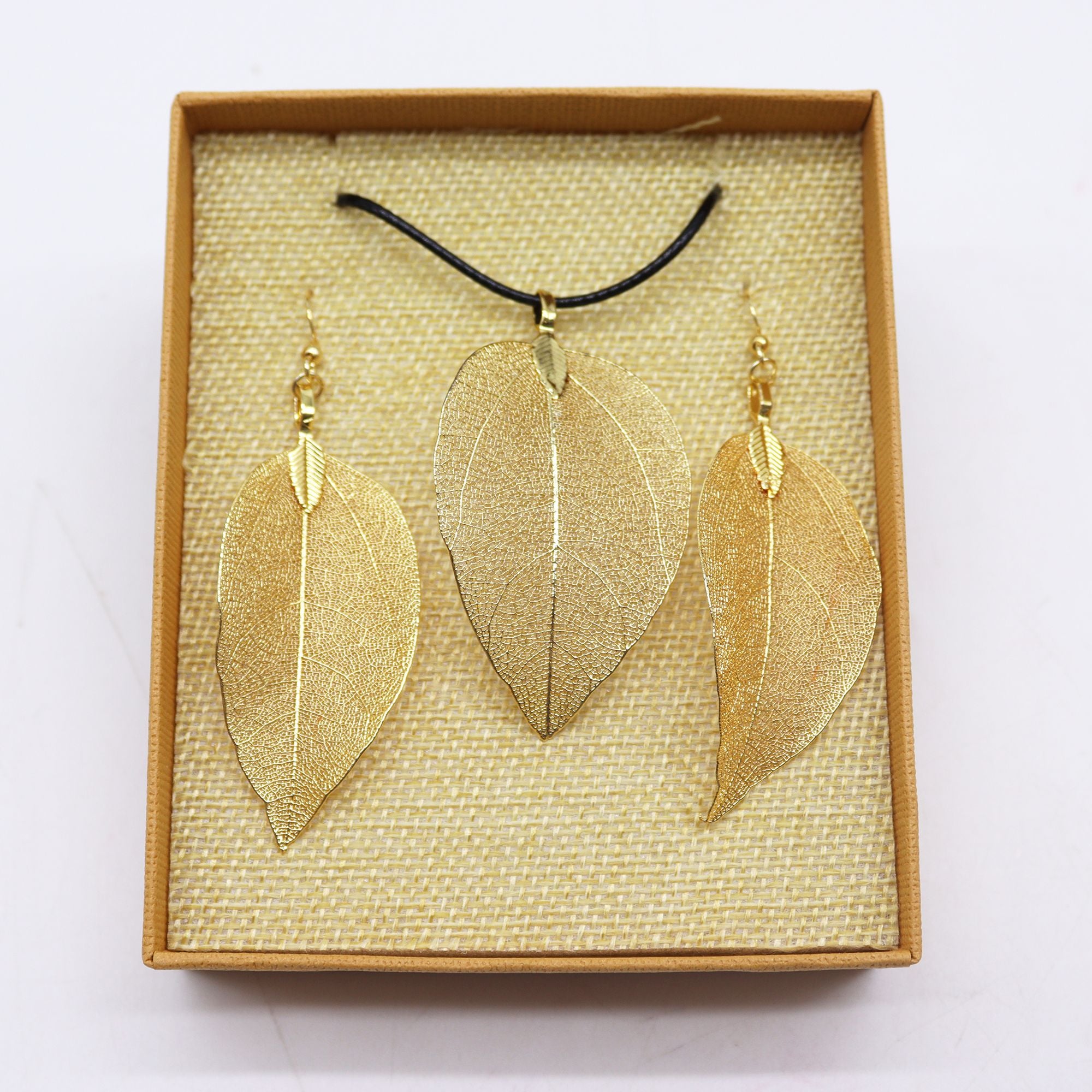 Unique Gold Leaf Necklace and Earring Set for Nature Lovers