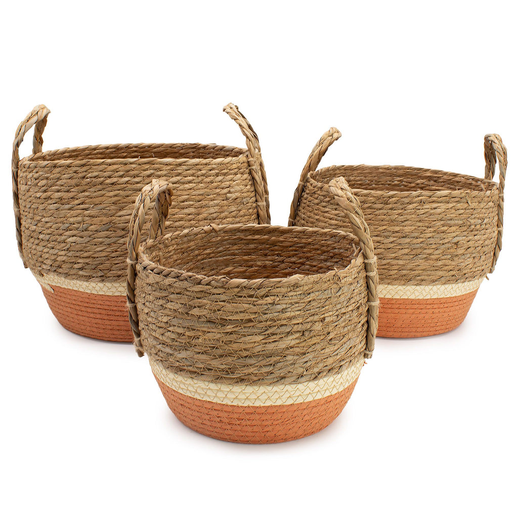 Straw and Seagrass Large Baskets Set of Three in Natural Orange