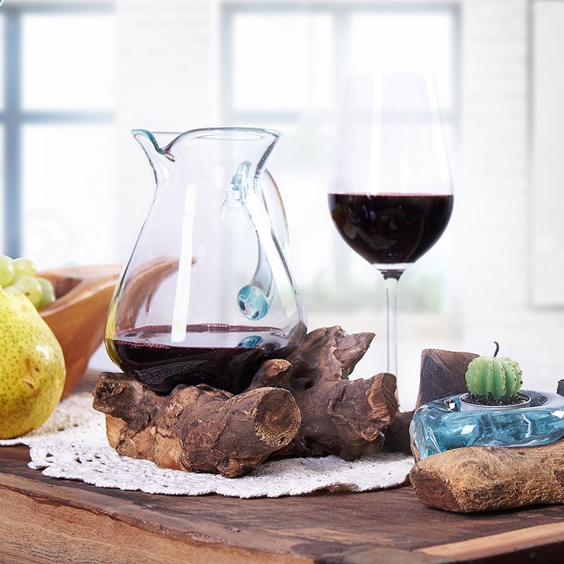 Molten Glass Water Jug on Wood Base for Chic Home Decor