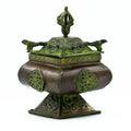 Brass Verdigris Tibetan Burner with Four Symbols Square Pot Design