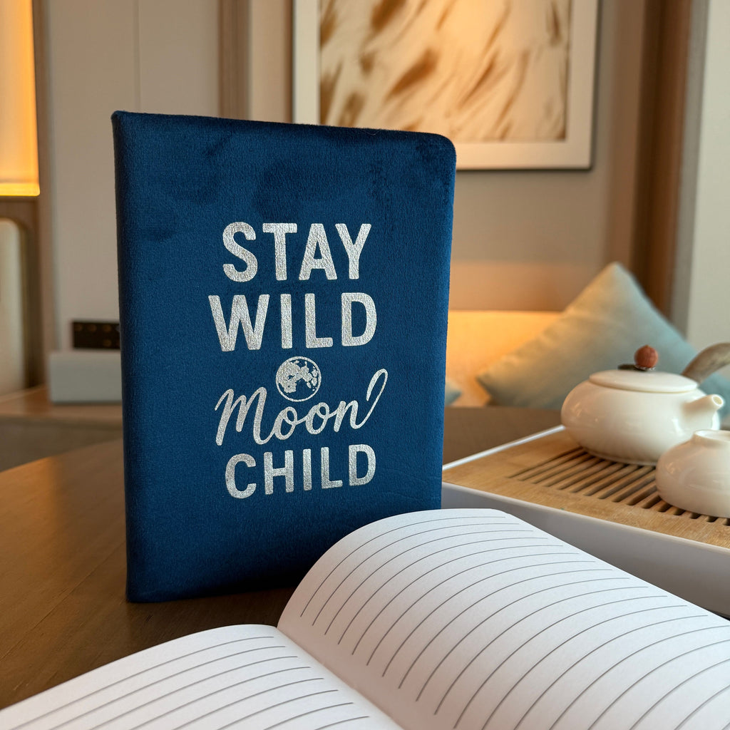 Dark Blue Velvet Notebook with Stay Wild Moon Child Design