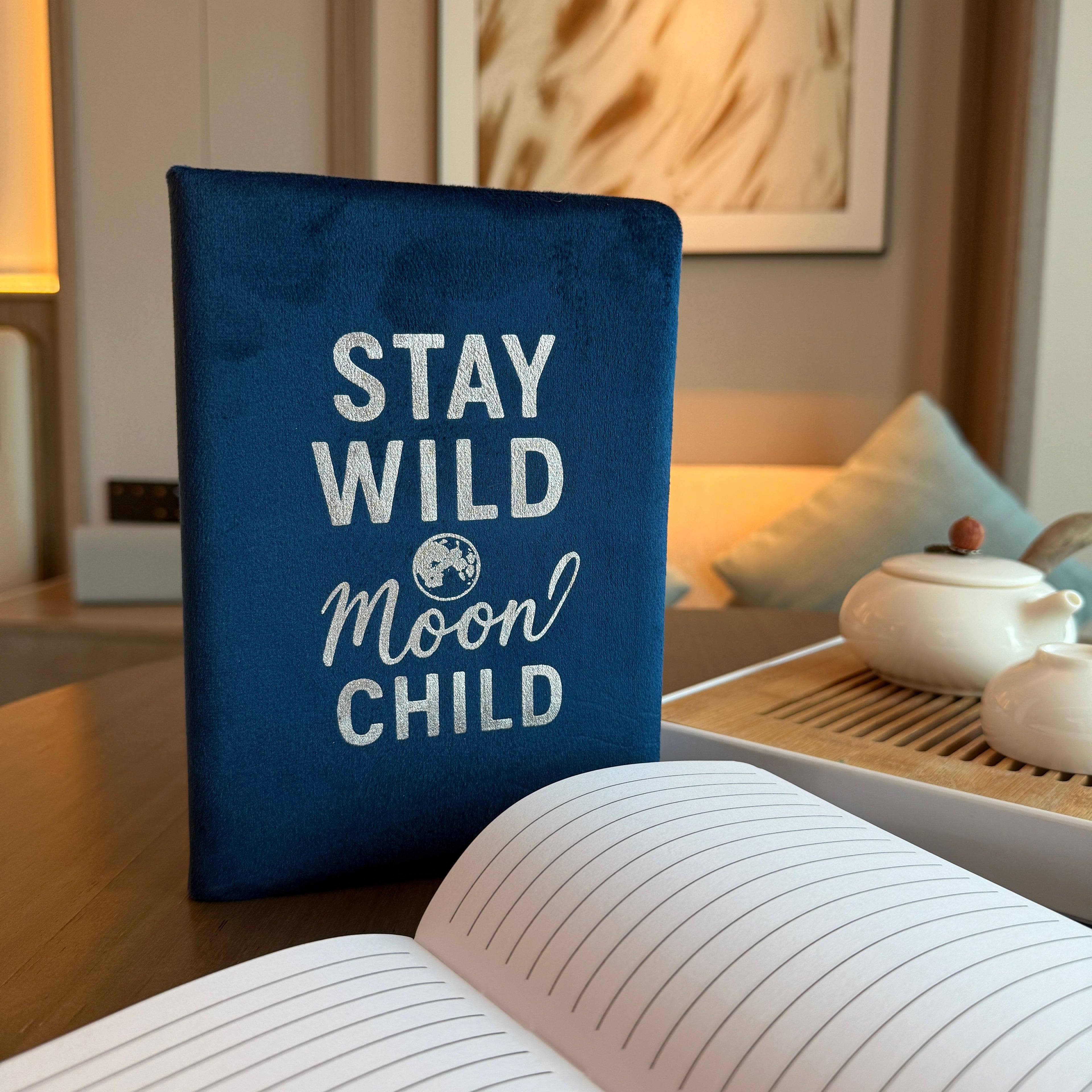 Dark Blue Velvet Notebook with Stay Wild Moon Child Design