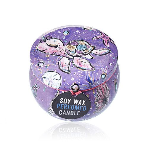 Art Tin Candle with Sea Life Design in Raspberry Scented Wax