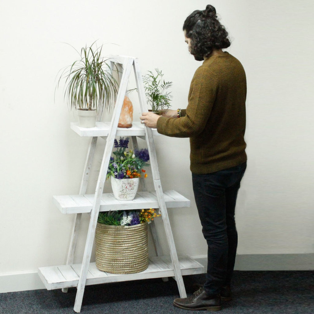 Folding Wooden A Frame Shelf in Whitewash for Home Storage