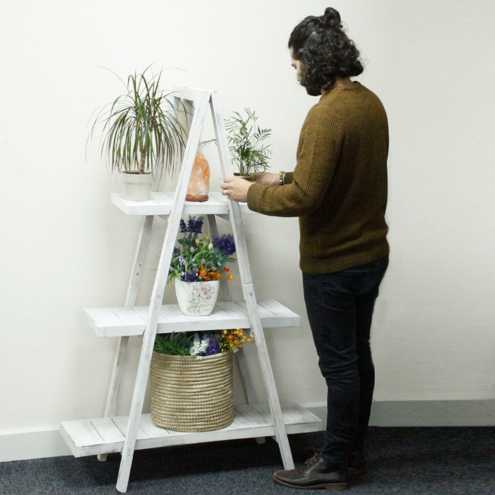 Folding Wooden A Frame Shelf in Whitewash for Home Storage