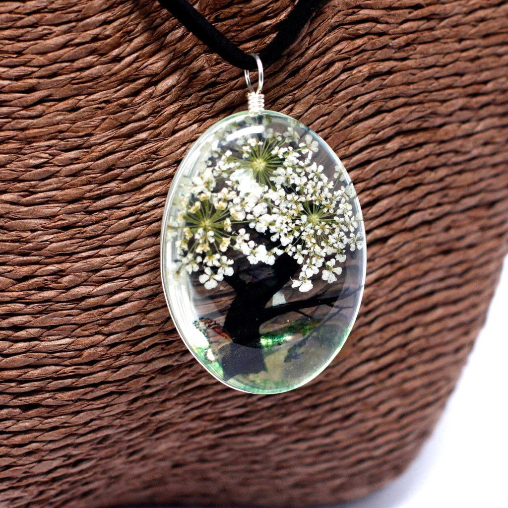 Pressed Flowers Tree of Life Set in White Unique Jewellery Gift