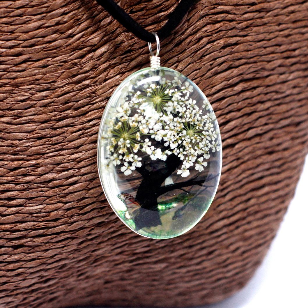 Pressed Flowers Tree of Life Set in White Unique Jewellery Gift