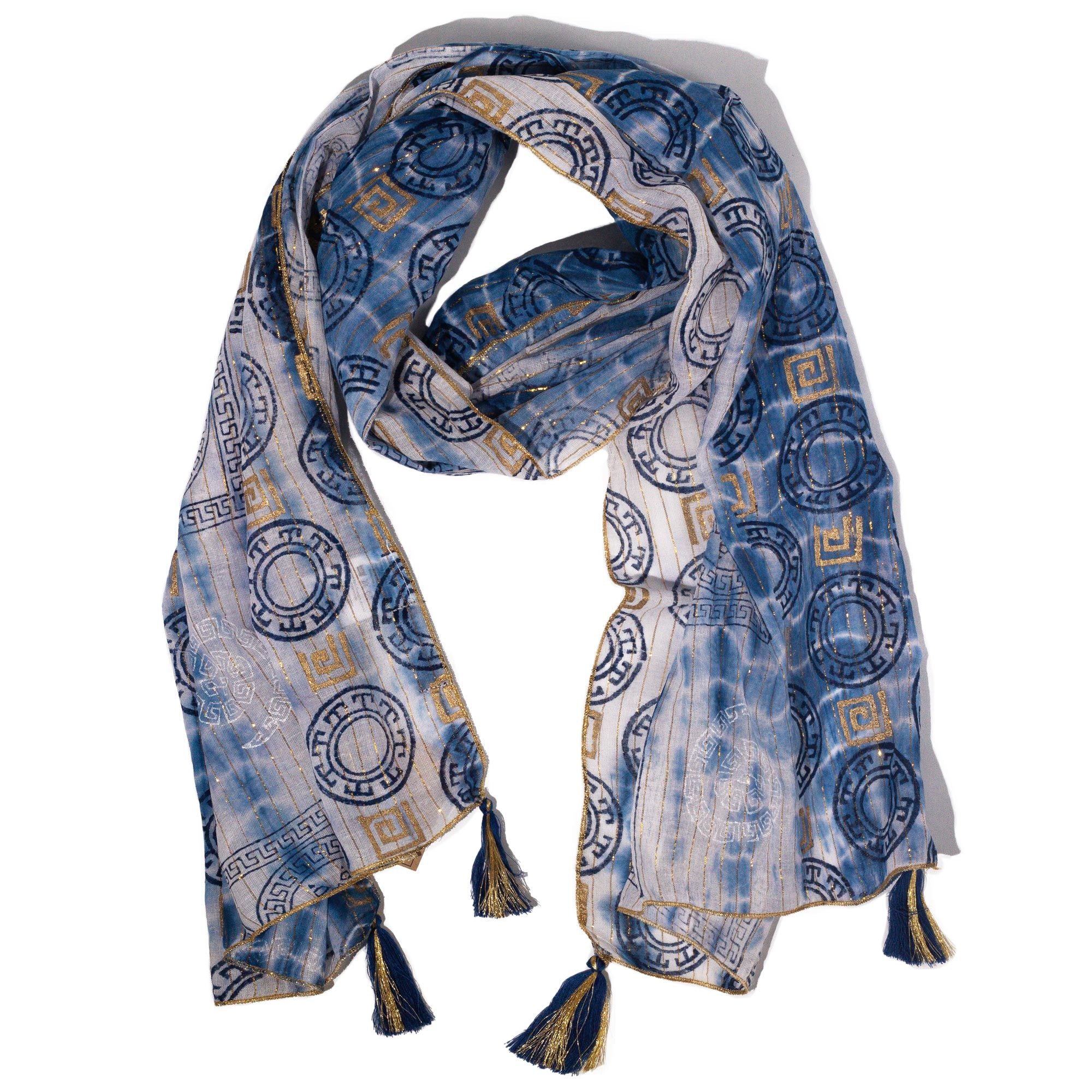 Nomad Sari Summer Marbella Print Scarf in Blue and Gold Design