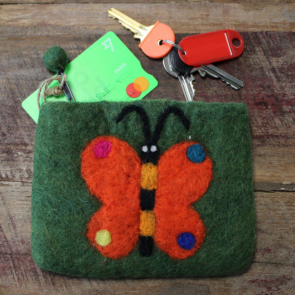 Natural Felt Zipper Pouch with Big Butterfly Design Assorted