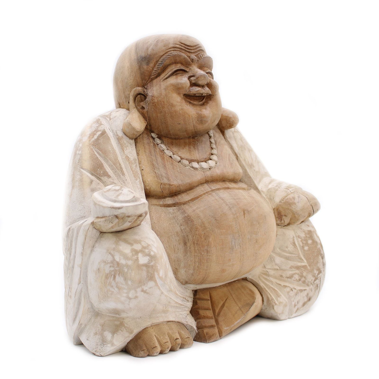 Happy Buddha Whitewash 30cm Hand Carved Decorative Statue