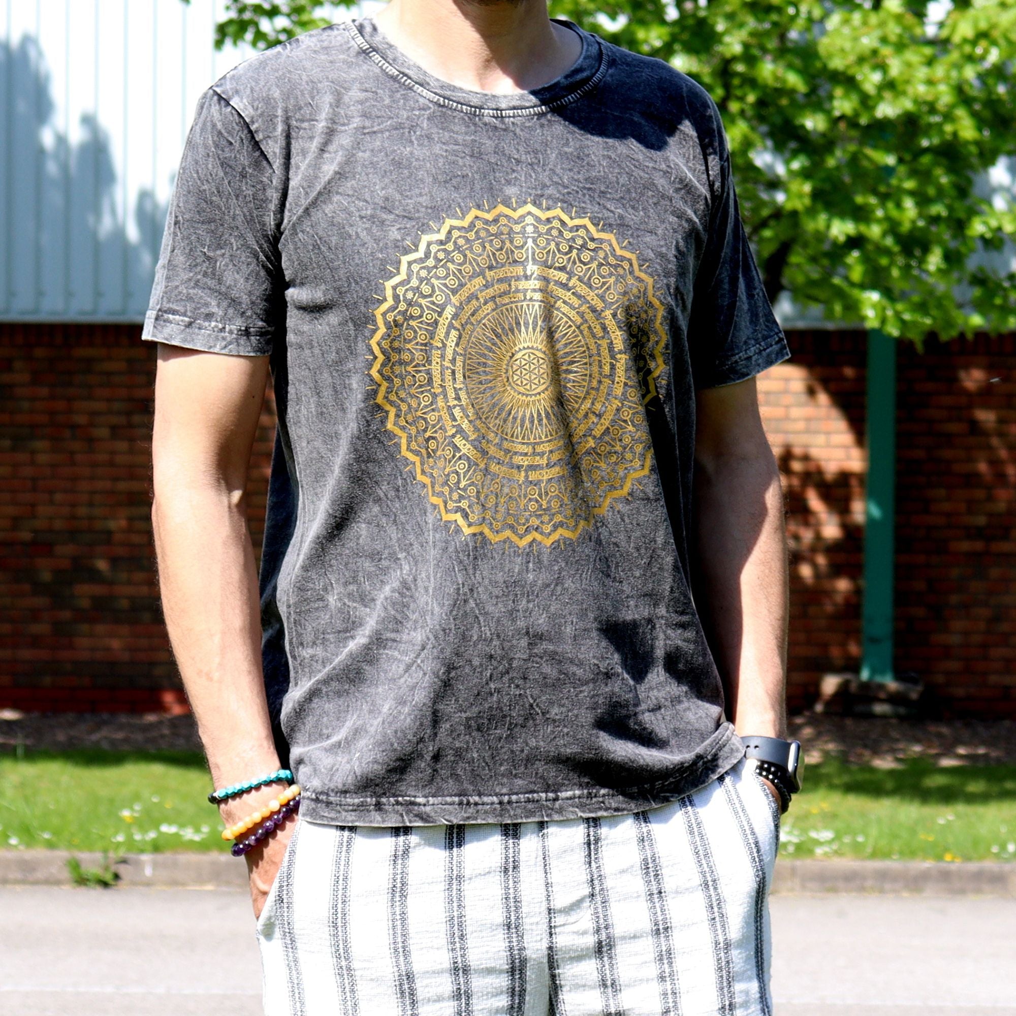 Nomad Sari Stonewashed Cotton T Shirt with Mandala Design Grey