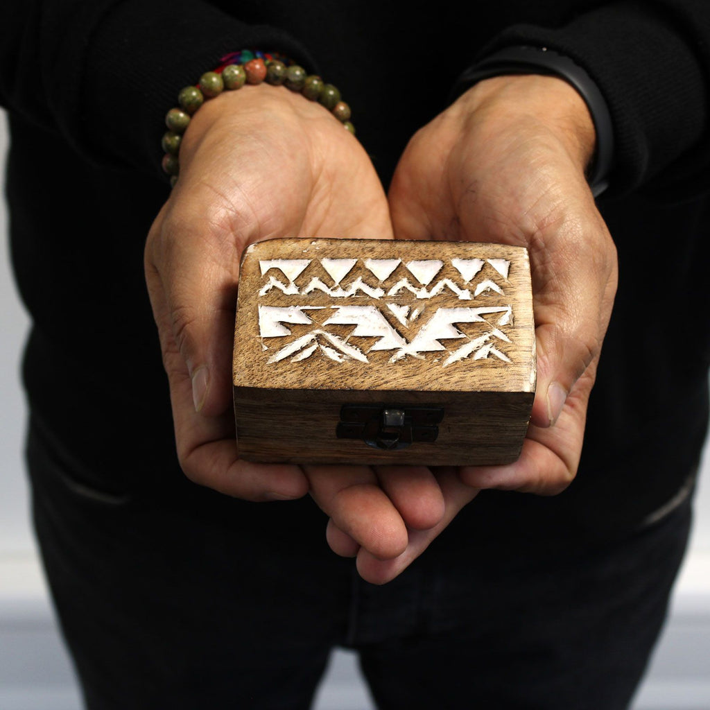 White Washed Wooden Box with Slavic Design for Pill Storage