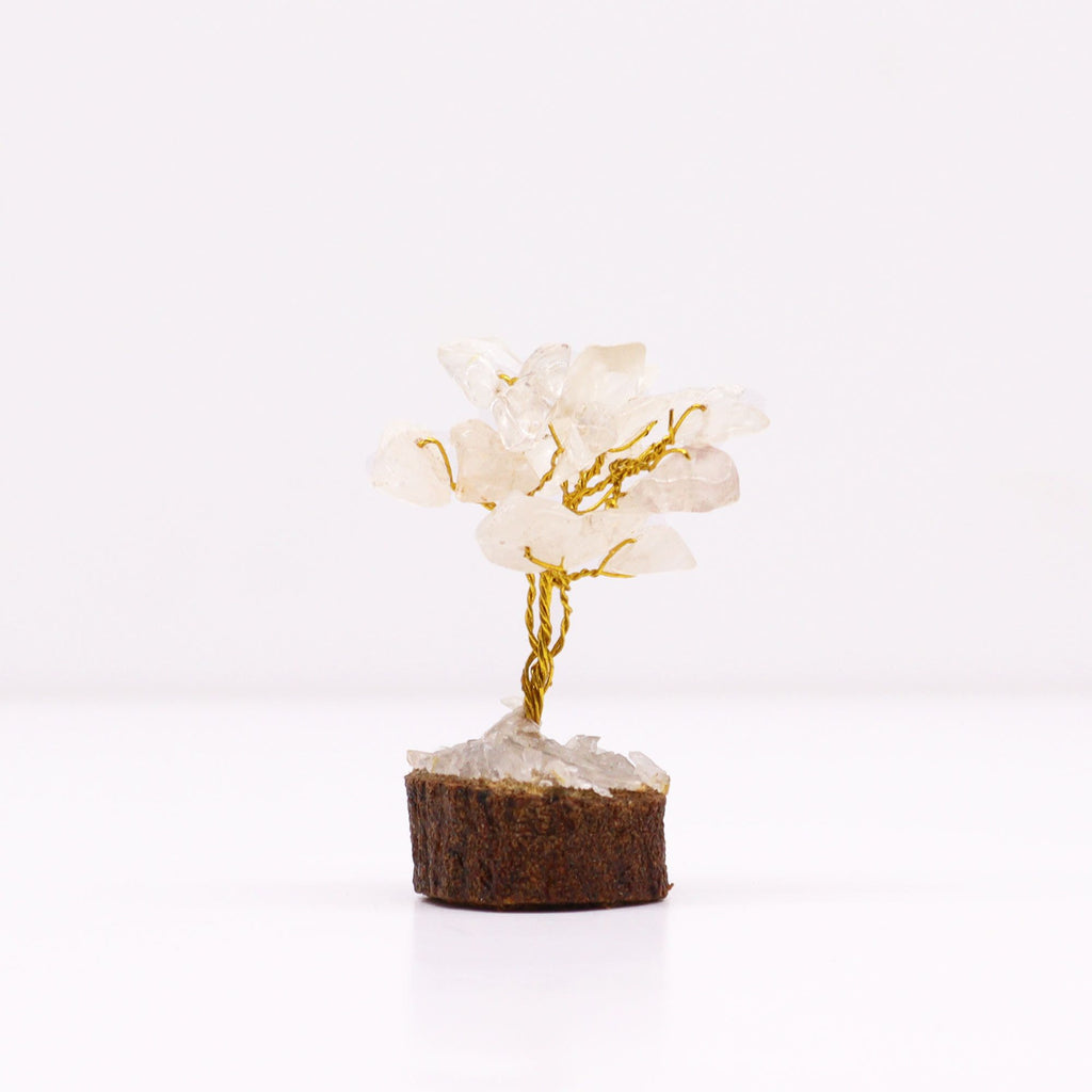 Mini Gemstone Tree on Wood Base with Rock Quartz and 15 Stones